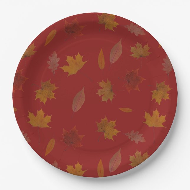 Golden Autumn Leaves on Red Custom Colour Paper Plate (Front)