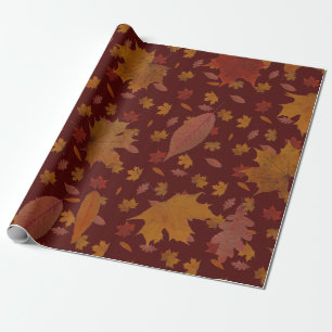 Golden Autumn Leaves on Wine Red Custom Colour Wrapping Paper