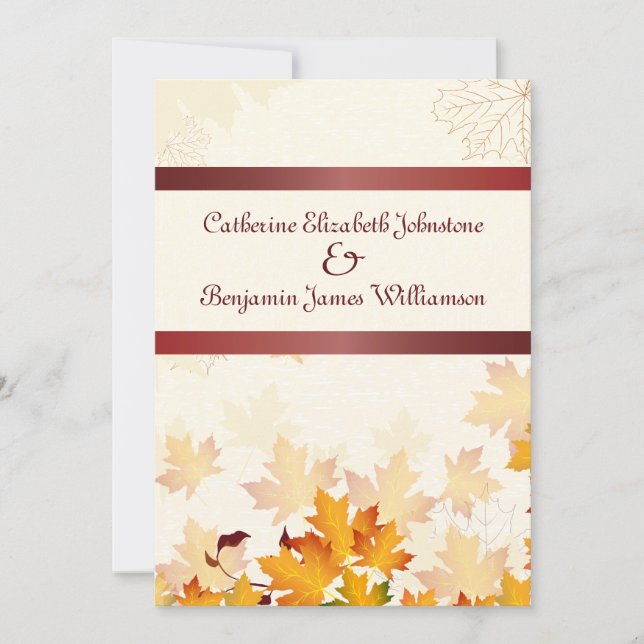 Golden Autumn Leaves with Red Wedding Invitation (Front)