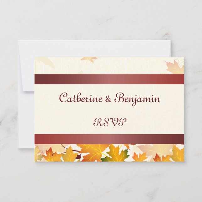 Golden Autumn Leaves with Red Wedding RSVP Card (Front)