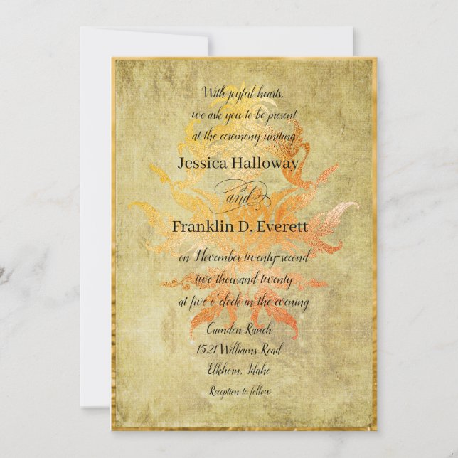 Golden Autumn Pineapple Damask with Vintage Linen Invitation (Front)