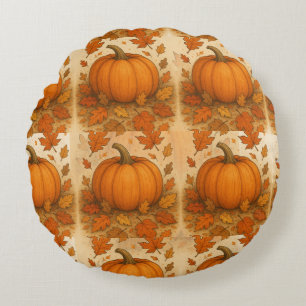 Golden Autumn Pumpkin and Falling Leaves Round Cushion