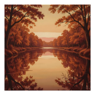 Golden Autumn River Reflection Landscape Scene Poster