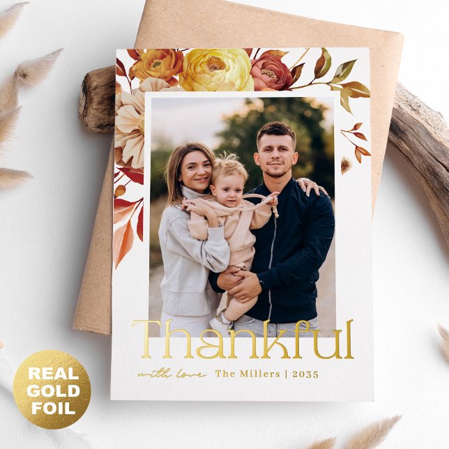 Golden Autumn Thankful Floral Family Photo Foil Holiday Card (Creator Uploaded)