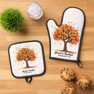 Golden Autumn Trees Happy Thanksgiving Greeting Oven Mitt & Pot Holder Set