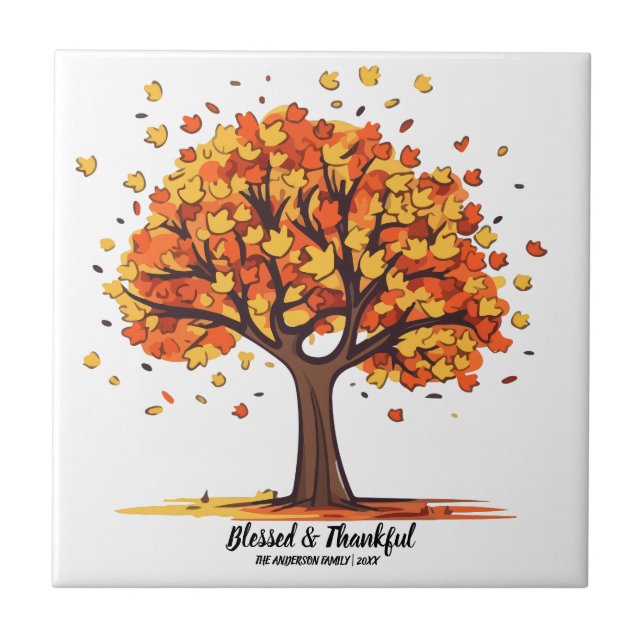 Golden Autumn Trees Happy Thanksgiving Greeting Tile (Front)