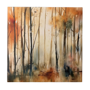 Golden Autumn Watercolor Forest Woodland Pattern Tile