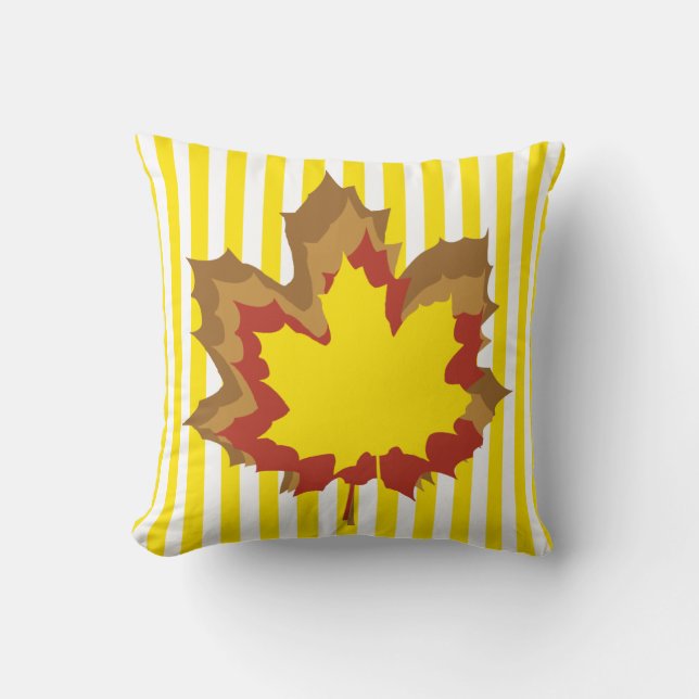 Golden Autumnal Stripes with Leaves Cushion (Front)