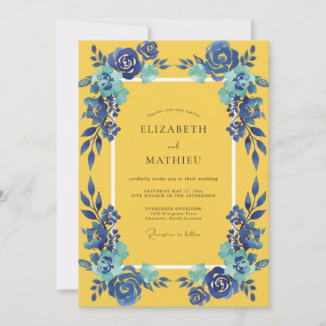 Golden Azure Petal Wedding Invitation (Front)