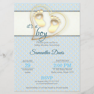 Golden Baby Boy Footprints and Hearts Baby Shower Invitation