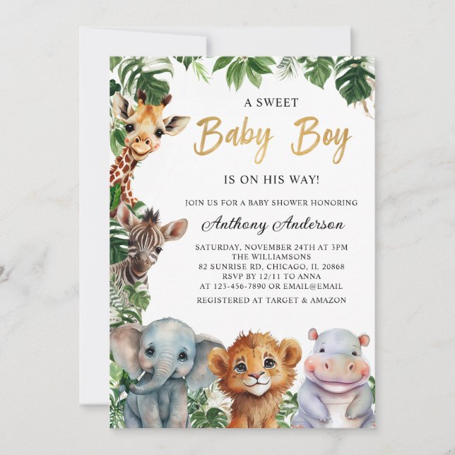 Golden Baby Boy Safari Animals Boy Baby Shower Invitation (Front)