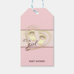 Golden Baby Girl Footprints and Hearts Baby Shower Gift Tags