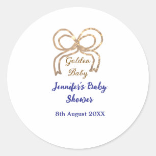 Golden baby glitter bow royal blue baby shower  classic round sticker