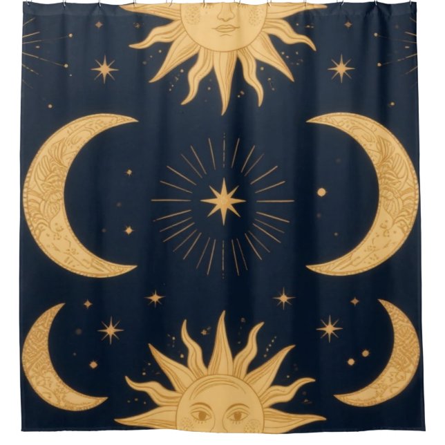 Golden Balance, Sun & Moon Celestial Pattern Shower Curtain (Front)