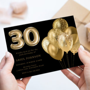 Golden Balloons Black 30th Birthday Party Invitation