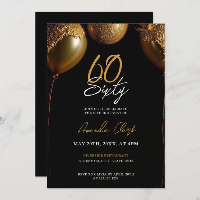 Golden Balloons on Black Background 60th Birthday Invitation (Front/Back)