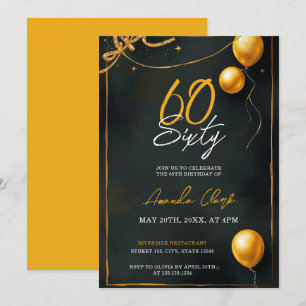 Golden Balloons with Ribbon & Stars 60th Birthday Invitation