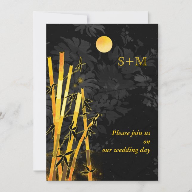 Golden Bamboos Monogram Wedding Invites (Front)