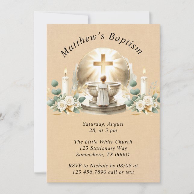 Golden Baptismal Baby Boy Christening Baptism Invitation (Front)