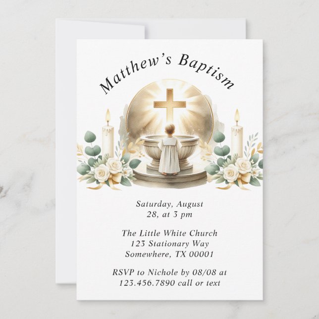 Golden Baptismal Baby Boy Christening Baptism Invitation (Front)