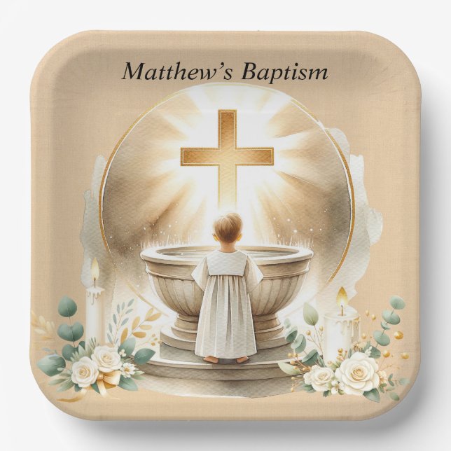 Golden Baptismal Baby Boy Christening Baptism Paper Plate (Front)