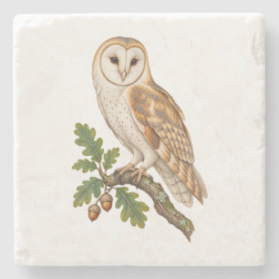 Golden Barn Owl on an Autumn Oak Branch Stone Coaster