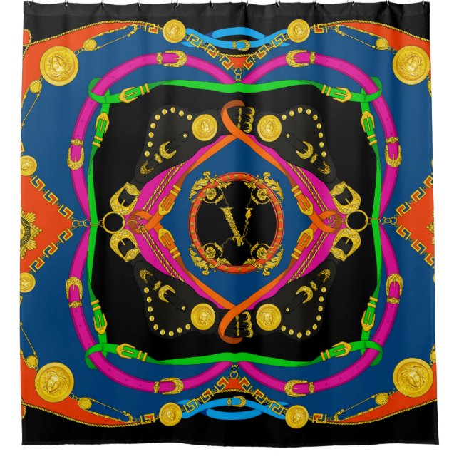 golden baroque, chain and belt pattern shower curtain (Front)