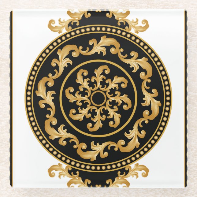 Golden baroque, chains, black decor glass coaster (Front)