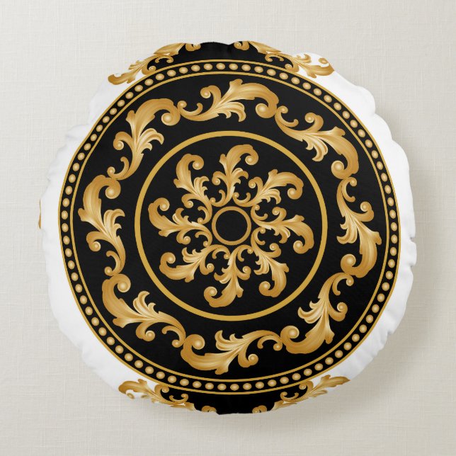Golden baroque, chains, black decor round cushion (Front)