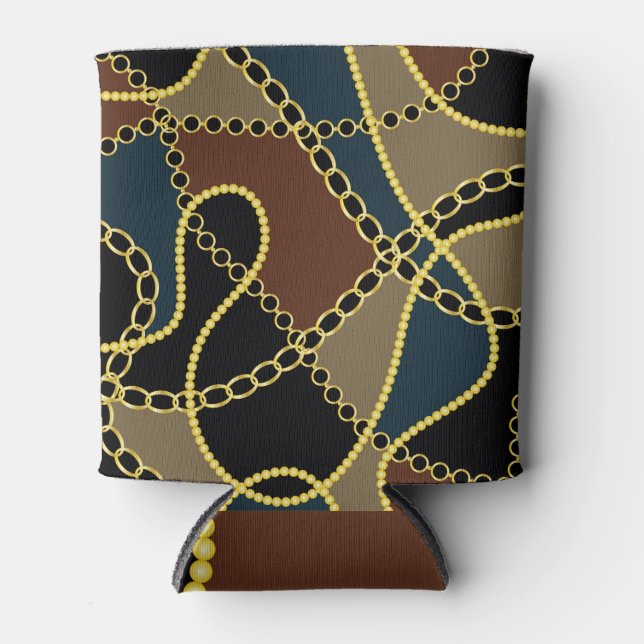Golden baroque chains, black illustration. can cooler (Front)