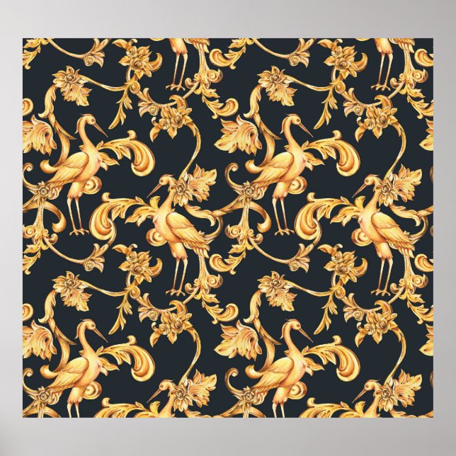 Golden baroque cranes: rococo ornament. poster (Front)