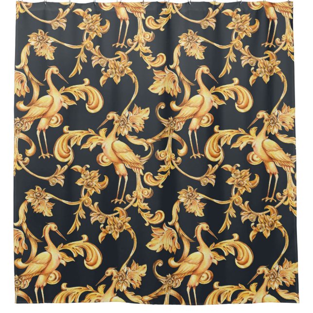 Golden baroque cranes: rococo ornament. shower curtain (Front)
