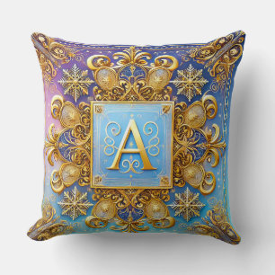 Golden Baroque Letter A Blue Monogram Elegance ✨ Cushion