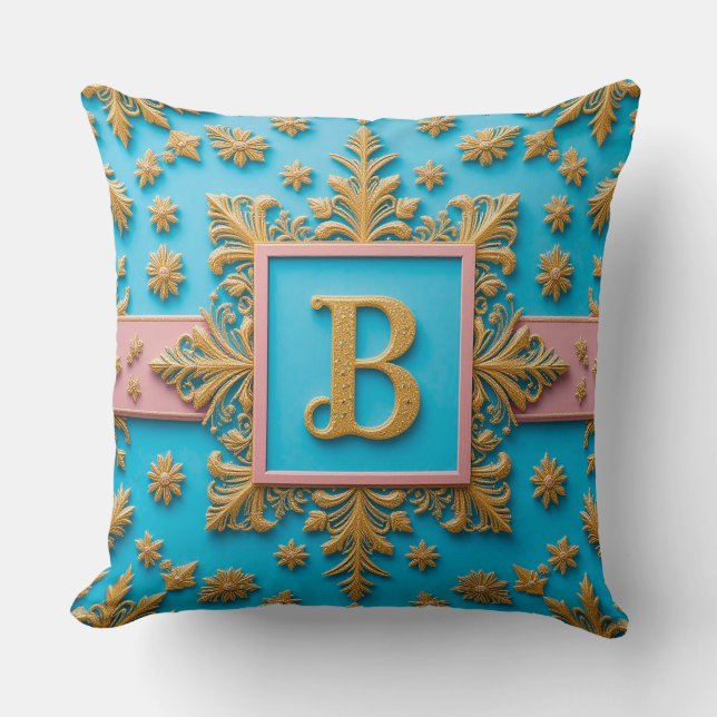 Golden Baroque Letter B Blue Monogram Elegance ✨ Cushion (Front)