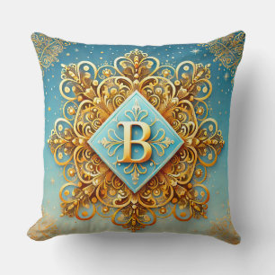 Golden Baroque Letter B Blue Monogram Style ✨ Cushion