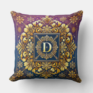 Golden Baroque Letter D Blue Monogram Elegance ✨ Cushion