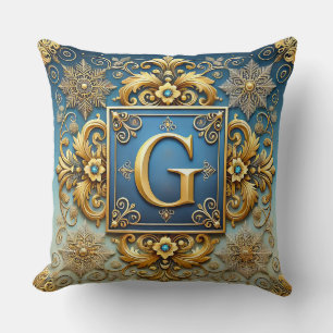 Golden Baroque Letter G Blue Monogram Style ✨ Cushion