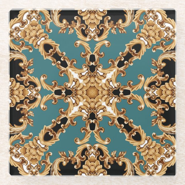 Golden baroque, luxurious ornament design. glass coaster (Front)