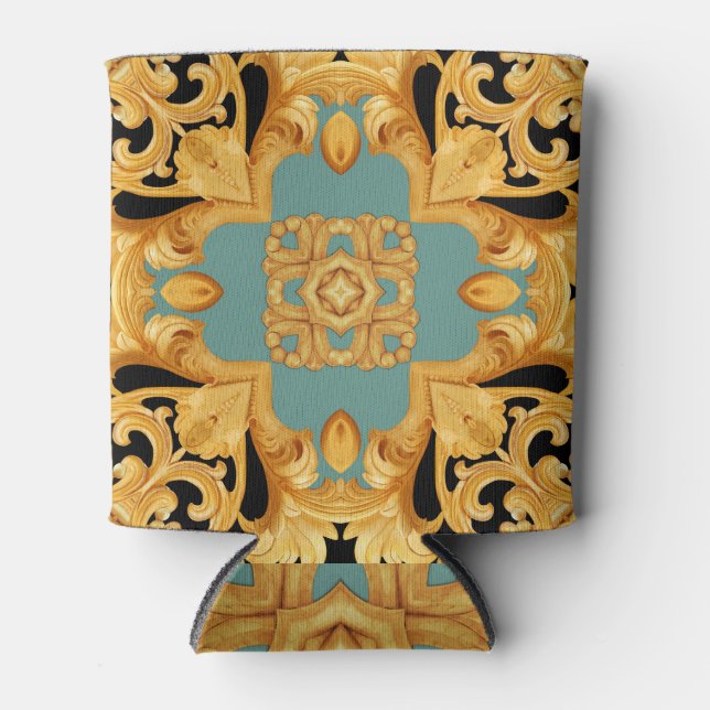 Golden Baroque Ornament 3D Elements Can Cooler (Front)