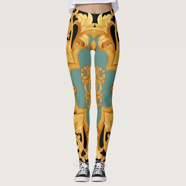 Golden Baroque Ornament 3D Elements Leggings (Front)