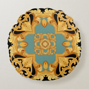 Golden Baroque Ornament 3D Elements Round Cushion