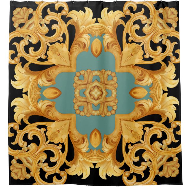 Golden Baroque Ornament 3D Elements Shower Curtain (Front)