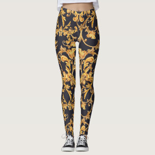 Golden Baroque, Scroll Leaves Pattern. Leggings
