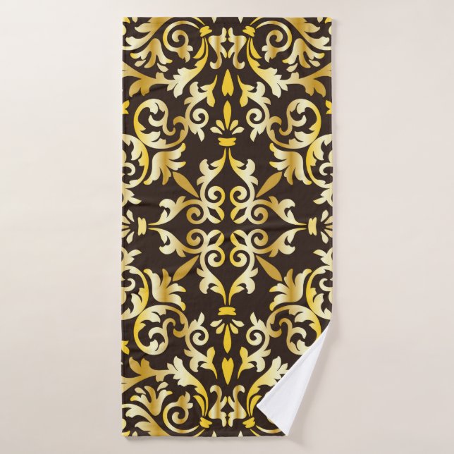 Golden baroque seamless pattern on black backgroun bath towel (Bath Towel)