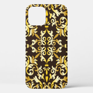 Golden baroque seamless pattern on black backgroun iPhone 12 case