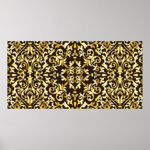 Golden baroque seamless pattern on black backgroun poster