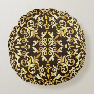 Golden baroque seamless pattern on black backgroun round cushion