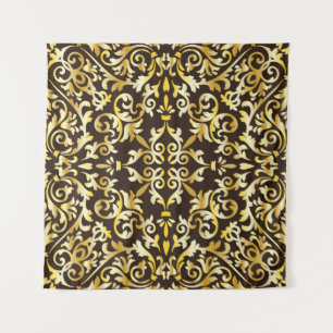 Golden baroque seamless pattern on black backgroun tapestry
