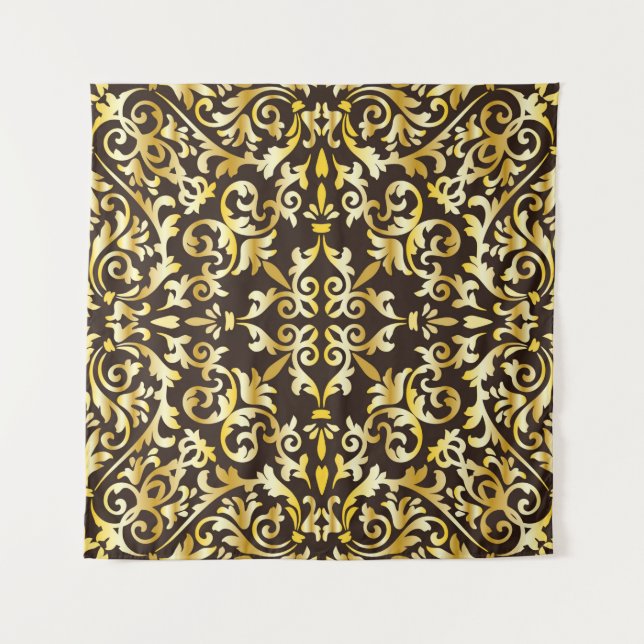 Golden baroque seamless pattern on black backgroun tapestry (Front)