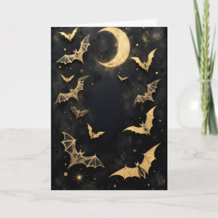 Golden Bats and Crescent Moon Halloween Holiday Card